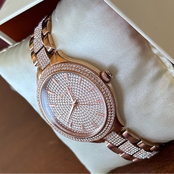 Michael Kors Pave Crystal Rose Gold Tone Watch Slim Runway Sparky Mid-Sized main image 16